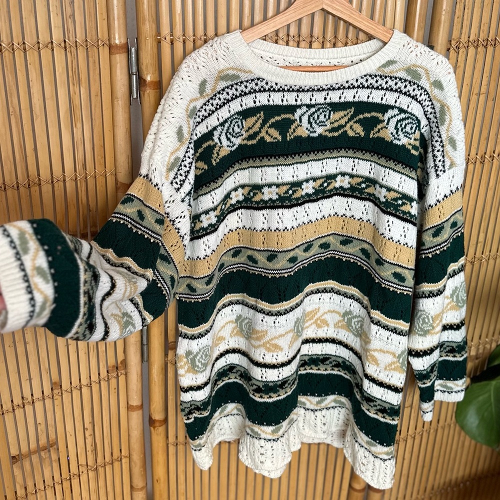 Vintage Handmade Oversized Green & White Floral Stripe Grandpa Pullover Sweater - Picture 3 of 6